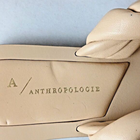 Anthropologie Twisted Puffed Slides Sandles Tan Square Toe Leather SZ 6M - Picture 6 of 7